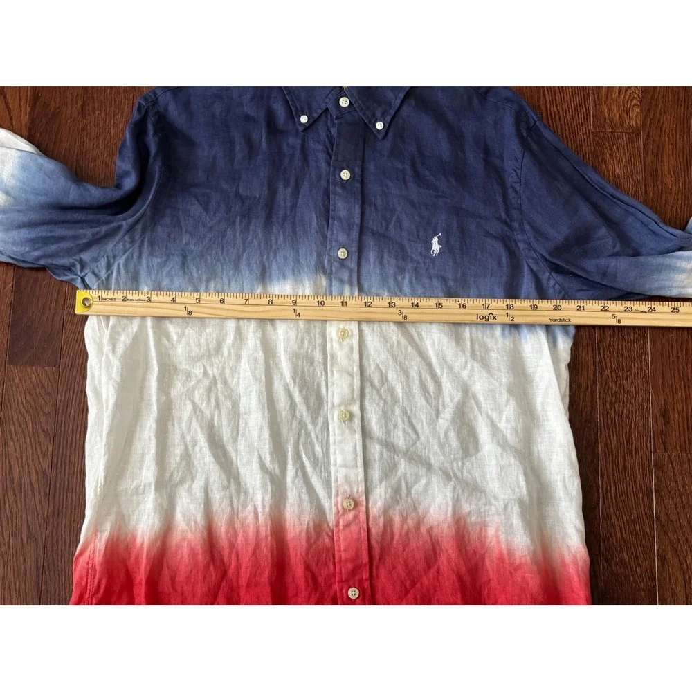 Polo Ralph Lauren Mens Medium Linen Ombre Dip Dye Shirt Red White Blue Pony Logo